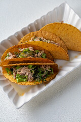 Close-up of Mexican-style tacos with ground tuna fish and vegetables