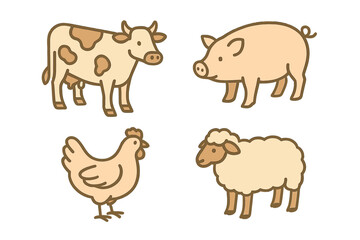 Cute domestic farm animals set including cow, pig, chicken, and sheep isolated on white background
