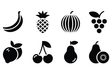 Collection of fresh fruit icons in black simple design style
