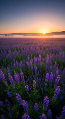 Naklejka premium Vibrant Purple Lupine Field at Golden Sunrise with Misty Hills