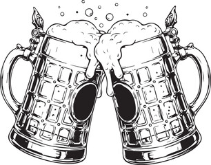 Cheers two frothy beer mugs clinking together celebrating fun social gathering refreshing drink
