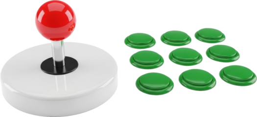 retro arcade cabinet buttons and joystick, colorful game controls, transparent background