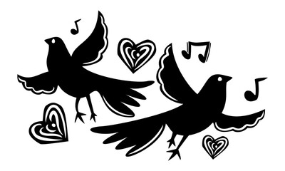 Birds, hearts and musical notes. Brazilian cordel vector illustration. Black and white
