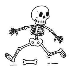Cartoon skeleton running with a bone on the ground in a simple black and white line drawing style