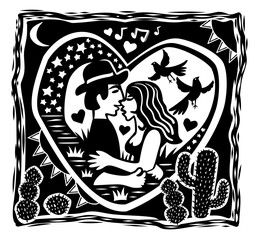 Man and woman hugging. Love concept. Northeast woodcut style. Brazilian cordel style
