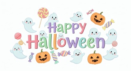 Fototapeta premium Happy Halloween Festive Design Pumpkins, Ghosts, and Autumn Leaves in a Delightful Arrangement for Holiday Greetings!