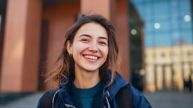 Joyful Young Woman Embracing the Day: A captivating portrait of a radiant young woman with a bright smile, embracing the day with optimism and joy in front of a modern architectural backdrop. 