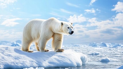 Polar bear walking on frozen sea under blue sky symbolizing Arctic wildlife protection, bright daylight, polar landscape background.
