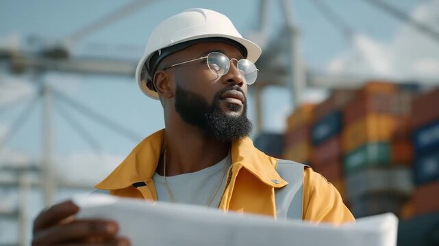 A seaport manager leading a multicultural team of dockworkers through creative planning strategies, highlighting leadership, teamwork, and innovation in logistics. three-quarter wide angle,