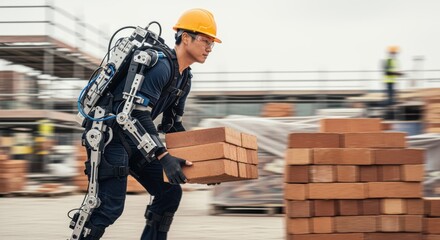 footage of worker with wearable robotic exoskeleton moving heavy bricks quickly emphasizing speed and durability during manual labor tasks.