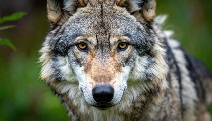 Fototapeta premium Focused Portrait of Gray Wolf with Intense Gaze in Forest Environment Detailed Fur and Yellow Eyes Amidst Greenery and Natural Light