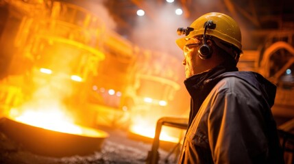 Medium shot of a safety supervisor monitoring platinum melting processes emphasizing protective gear and glowing molten platinum with the hazy backdrop of the foundry equipment.