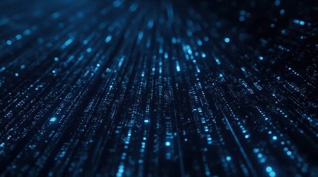 Abstract blue digital rain of glowing data streams in a futuristic network