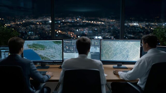 A control center team monitoring energy, traffic, and safety systems, symbolizing efficiency, teamwork, and digital transformation. three-quarter wide angle, cinematic color correction, gentle