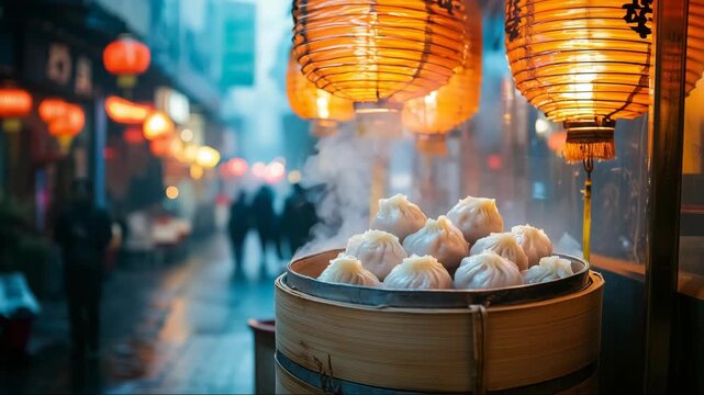 Steaming dumplings in a vibrant street market on a rainy evening surrounded by glowing lanterns