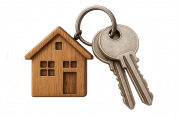 House keys with wooden home keychain, concept for real estate, buying, selling, or property ownership and investment