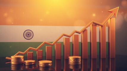A golden upward trending arrow and bar graph overlay the Indian flag, symbolizing economic growth and financial success within the country and global markets.