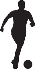 Silhouette of a soccer player kicking a ball in motion.

A black silhouette of a male soccer player in mid-kick, with his body angled and leg extended to strike the ball.

