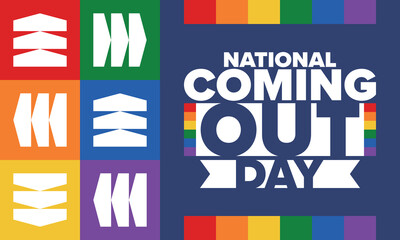 National Coming Out Day. Happy holiday. Pride month. LGBT rainbow flag. Diversity and equality. Gay and lesbian. Free love, heart shape. Illustration. Vector poster