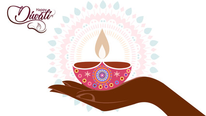 Diwali Festival Celebration Background with Hand Holding Glowing Colorful Diya, Intricate Mandala Pattern, Vibrant Indian Holiday Artwork, and Elegant Festival of Lights Design
