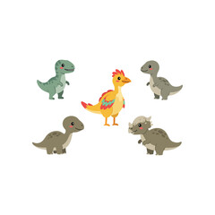 Adorable cartoon dinosaurs with big eyes and friendly expressions in a playful arrangement on a white background