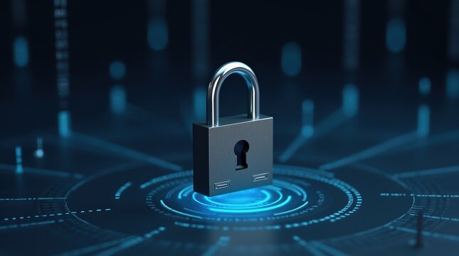 Digital padlock glowing with blue light on a futuristic circuit board