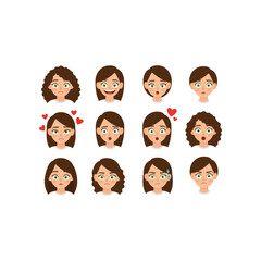 Collection of diverse female facial expressions showing emotions like surprise joy love and confusion