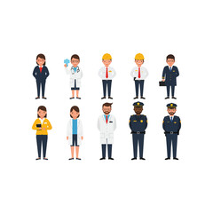 Diverse group of professional men and women in uniform or work attire representing various careers and occupations