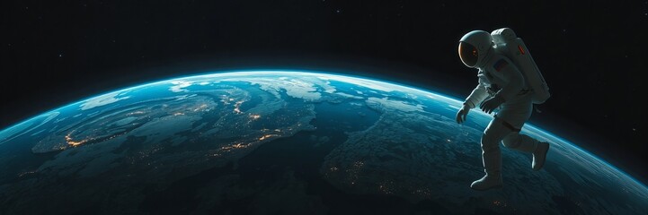 Obraz premium An astronaut in spacesuit floats weightlessly in orbit above Earth, illuminated by city lights against the vast darkness of space filled with countless stars.