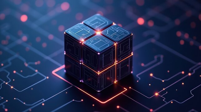Abstract 3d cube with glowing circuits and data connections