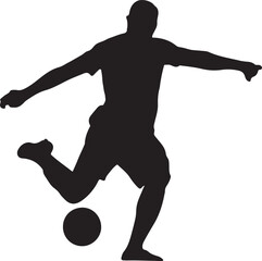Silhouette of a soccer player kicking a ball in motion.

A black silhouette of a male soccer player in mid-kick, with his body angled and leg extended to strike the ball.

