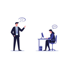 Business man explaining a concept to a woman working at her computer in an office setting with speech bubbles