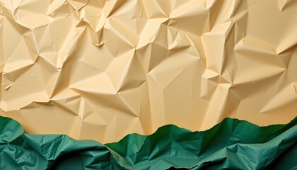 Fototapeta premium An abstract piece of art with crumpled yellow paper serving as a texture rich background, overlaid with a wavy green pattern creating a sense of depth and movement.