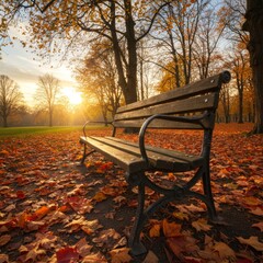 Bench Overlooking Autumn Leaves in Park during Golden Hour Sunlight