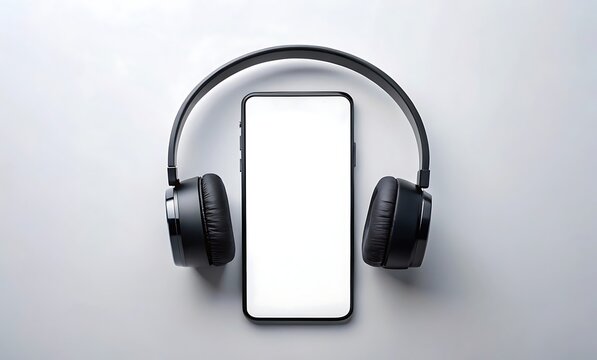 Modern black headphones resting around a blank white screen smartphone on a light gray background
