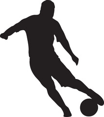 Silhouette of a soccer player kicking a ball in motion.

A black silhouette of a male soccer player in mid-kick, with his body angled and leg extended to strike the ball.

