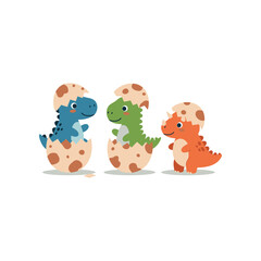 Three adorable cartoon baby dinosaurs hatching from speckled eggs with happy expressions on a white background
