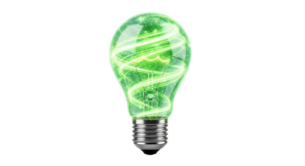 Green light bulb with spiral filament isolated PNG with Transparent Background