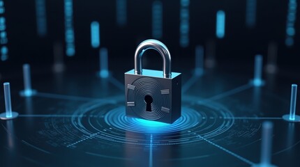 Digital padlock secured with glowing blue network connections and data streams