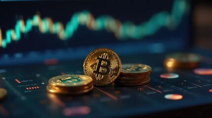 Golden bitcoin coins on a dark background with a blurred financial chart