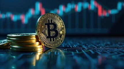 Golden bitcoin coin and stack of coins with blurred stock market chart background