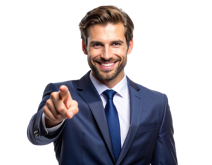  Smiling Businessman in Suit Pointing Forward, Front Portrait, Isolated on Transparent Background