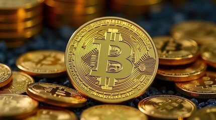 Golden bitcoin cryptocurrency coin surrounded by other coins