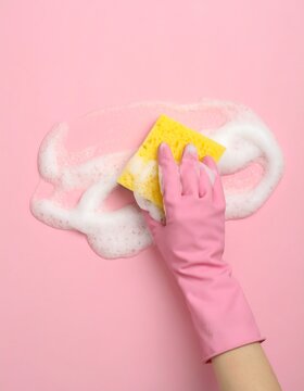 A pink-gloved hand holds a yellow sponge, applying cleaning foam to a pink surface