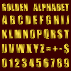 Golden alphabet letters and numbers on a rich red background for creative design
