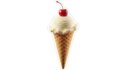 Ice cream cone with vanilla flavor and cherry on top isolated PNG with Transparent Background