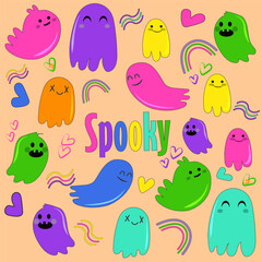 Cute yet creepy little hand-drawn ghosts. Multicolored ghost stickers. For stickers, backgrounds, covers, icons, and coloring pages.