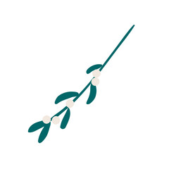 Single mistletoe branch with leaves, berries isolated on transparent. Hand drawn flat vector illustration. Traditional holiday, Xmas, New Year, seasonal design element, clip art