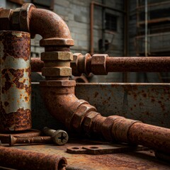 Rusty Metal Pipes in Industrial Setting with Aged Brick Background
