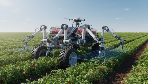 Medium shot showing a hybrid robot system navigating through rows of crops automating the collection process with precision technology.